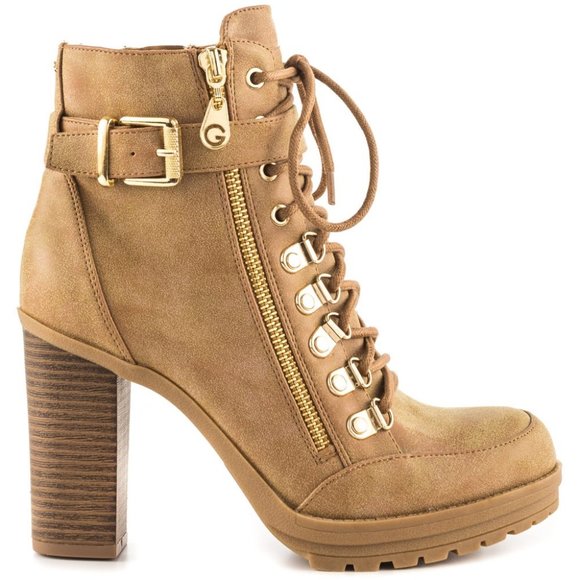 G by Guess Shoes - NWOT G By Guess Grazzy 2 Brown Gold Zipper Block Heel Combat Boots Size 9.5